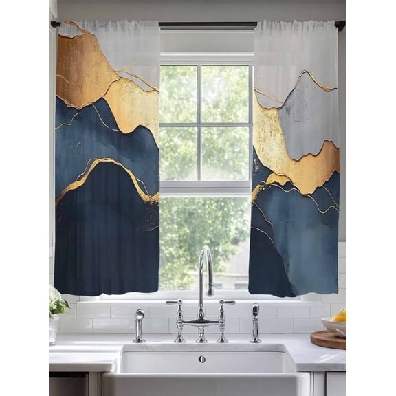 Abstract Impressionist Style Sheer Curtains 63 Inches Long 2 Panels Gold Navy Blue Color Block Light Filtering Semi Sheer Window Curtains Drapes for Bedroom Living Room 52"x63"