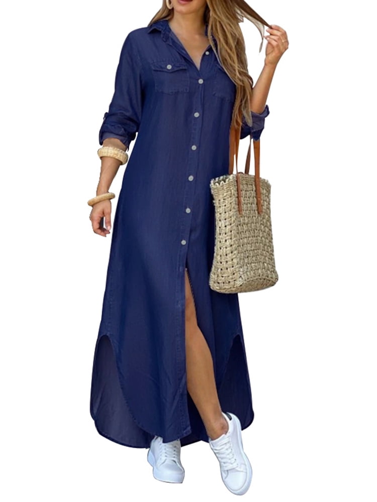 Zanzea Women Lapel Long Sleeve Denim Shirt Dress Buttons Front Baggy Maxi Dresses Walmart