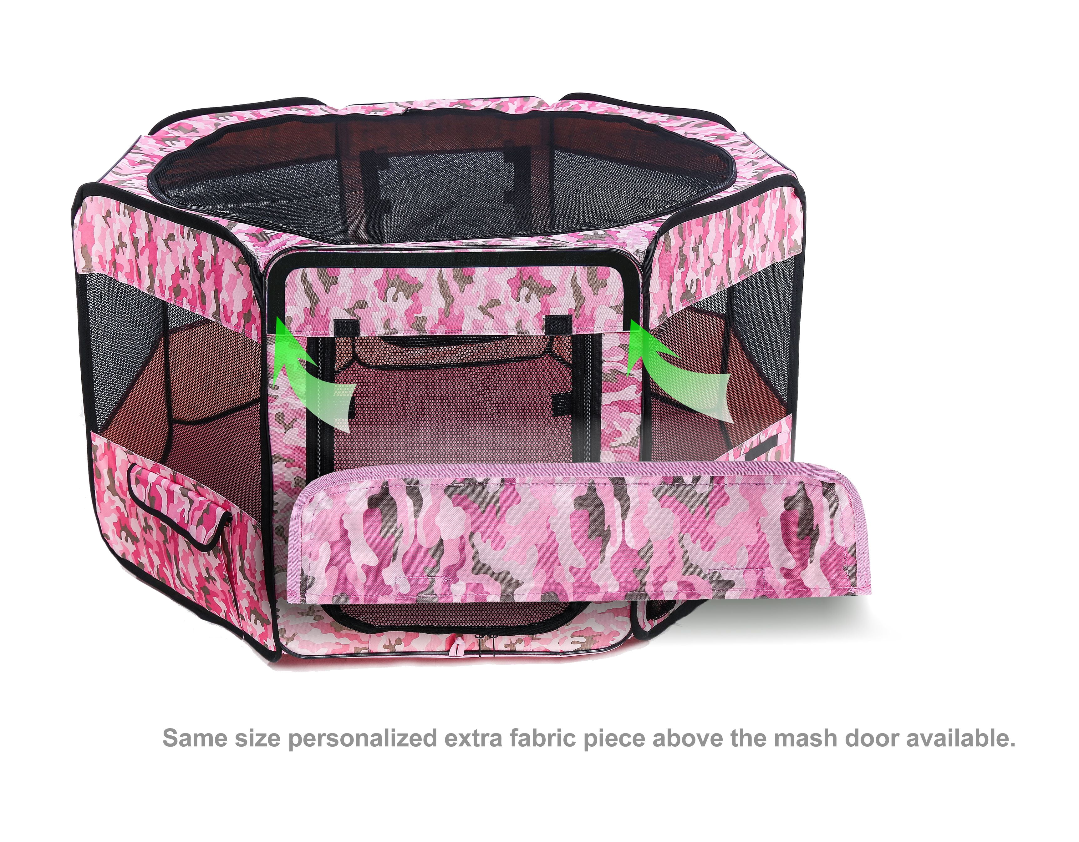 Pawer 36”×18.5” 8-Panel Foldable Pet Playpen, Pink Camouflage Pattern, Personalize Fabric Piece Available, for Cat/Dog/Puppy, 600D Oxford Cloth Portable Indoor & Outdoor Kennel with Carry Bag
