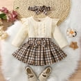 thumbnail image 5 of ZCFZJW 3Pcs Toddler Baby Girl Cotton Ruffled Long Sleeve Cotton Open Button T Shirts Tops Bow Buffalo Plaid Overall Skirts Cute Butterfly Bowknot Hairband Outfits Set(Beige,9-12 Months), 5 of 9