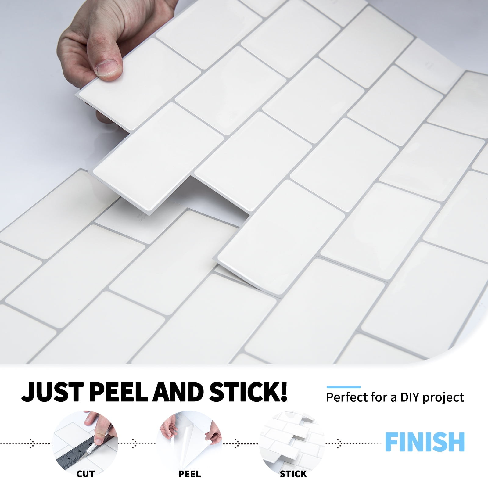 Longking Peel and Stick Backsplash Tile Premium Anti Mold Tile for Kitchen in White Subway Tile 12"x12" (1-Pack)