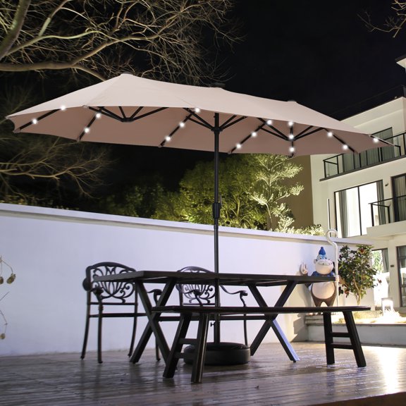 Autlaycil 13ft Solar Patio Umbrella with 36 Solar Powered LED Lights and Crank System for Garden, Deck, Poolside, Outdoor - Beige
