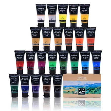 Artecho Professional Acrylic Art Paint Set, 24 Basic colors Tubes ( 60ml 202oz ) Art craft Paints for canvas Painting, Rock, Stone, Wood, Fabric, Art Supplies for Professional Artists, Adul