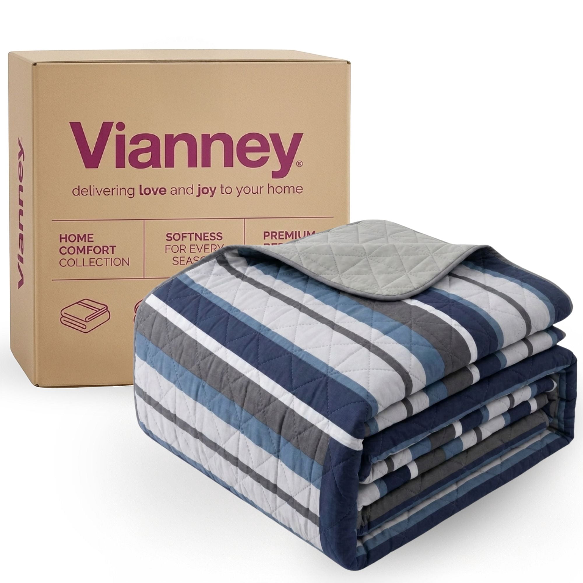 Vianney - Twin Comforter - 1 Piece - Reversible Lightweight Quilted Blanket in Blue and Grey Striped Design - Soft Breathable Bedspread for Year-Round Comfort 71x93 inches