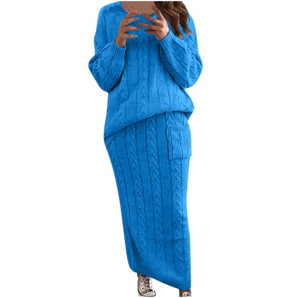 Cable Knit Sweater Dress for Women Solid Slim Fitting Sweater Dress Set 2 Piece Crewneck Tops Pencil Midi Skirt Set