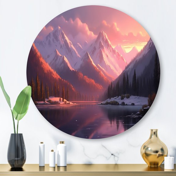 Designart "Mountain Peaks by the Lakeside" Landscape Mountains Lake Metal Round Wall Art Prints