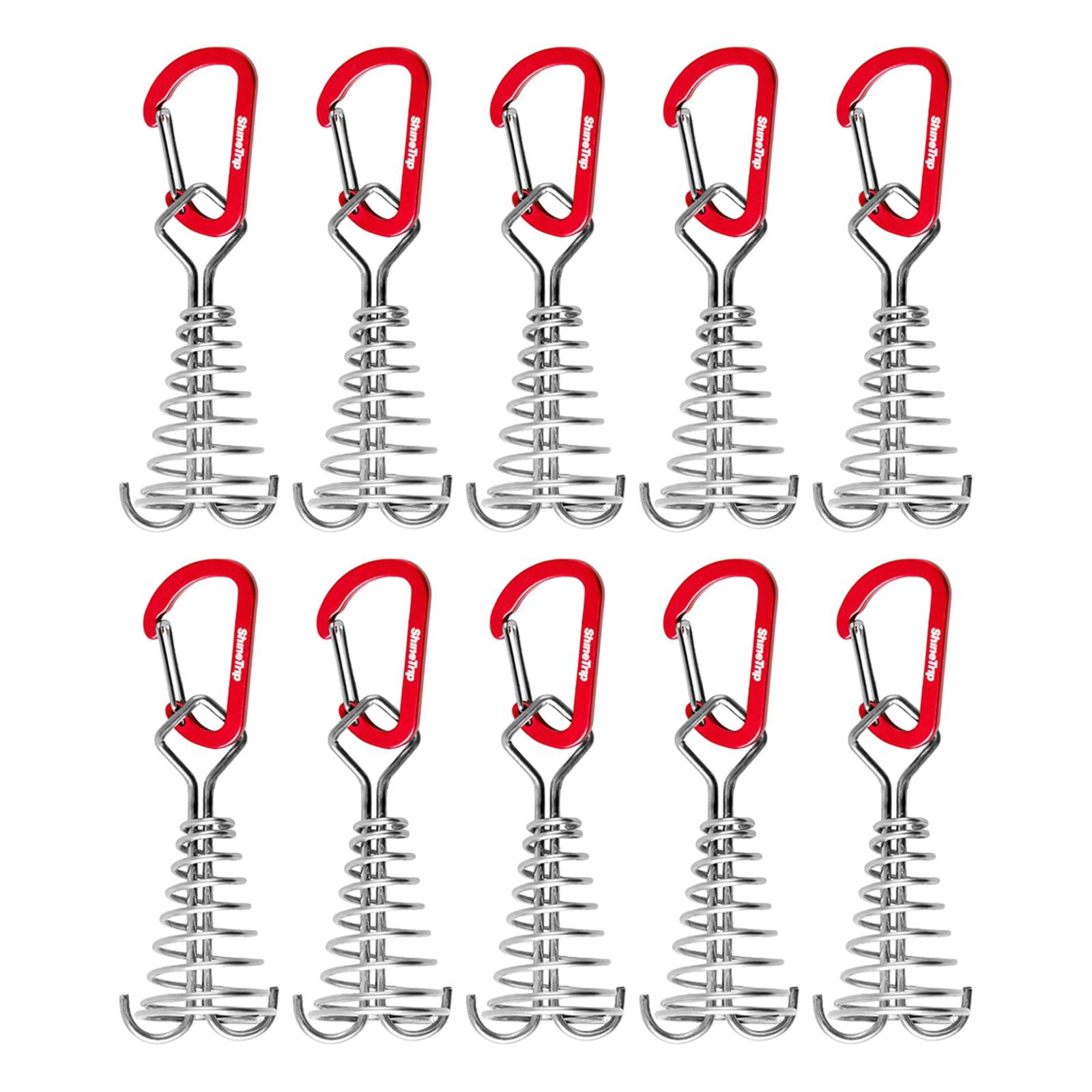 figatia 10 Pieces Deck Anchor Pegs with Carabiner Clips Camping Tent Nail Board Pegs Windproof Tent Rope Tightener for Outdoor Hiking Red