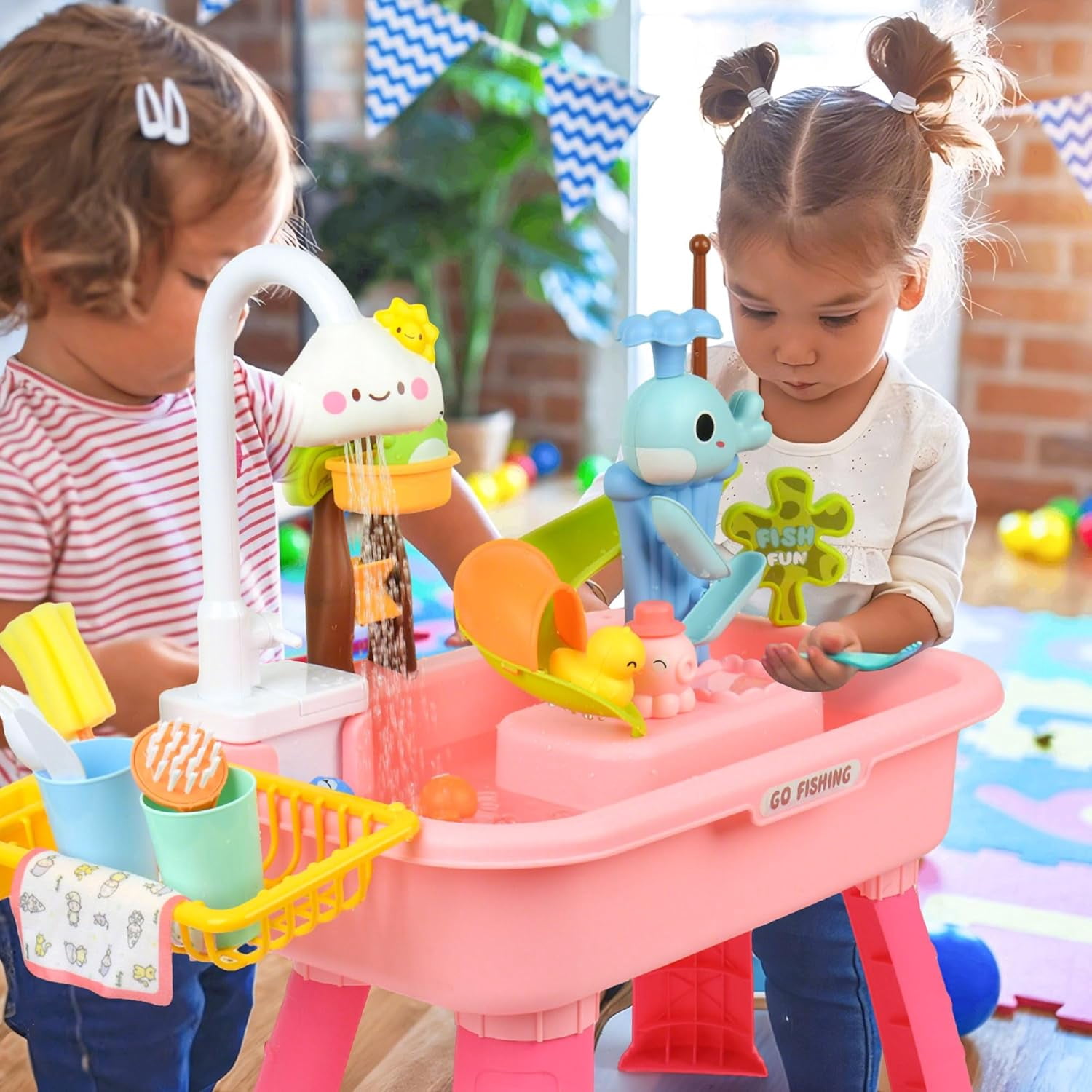 Upgraded Toddler Sand Water Table Toy with Electric Water Pump, Kids Sand Water with Faucet/Play Food Accessories/Fishing Toy, Kitchen Play Sink Toys for Girl Boy Age 3+