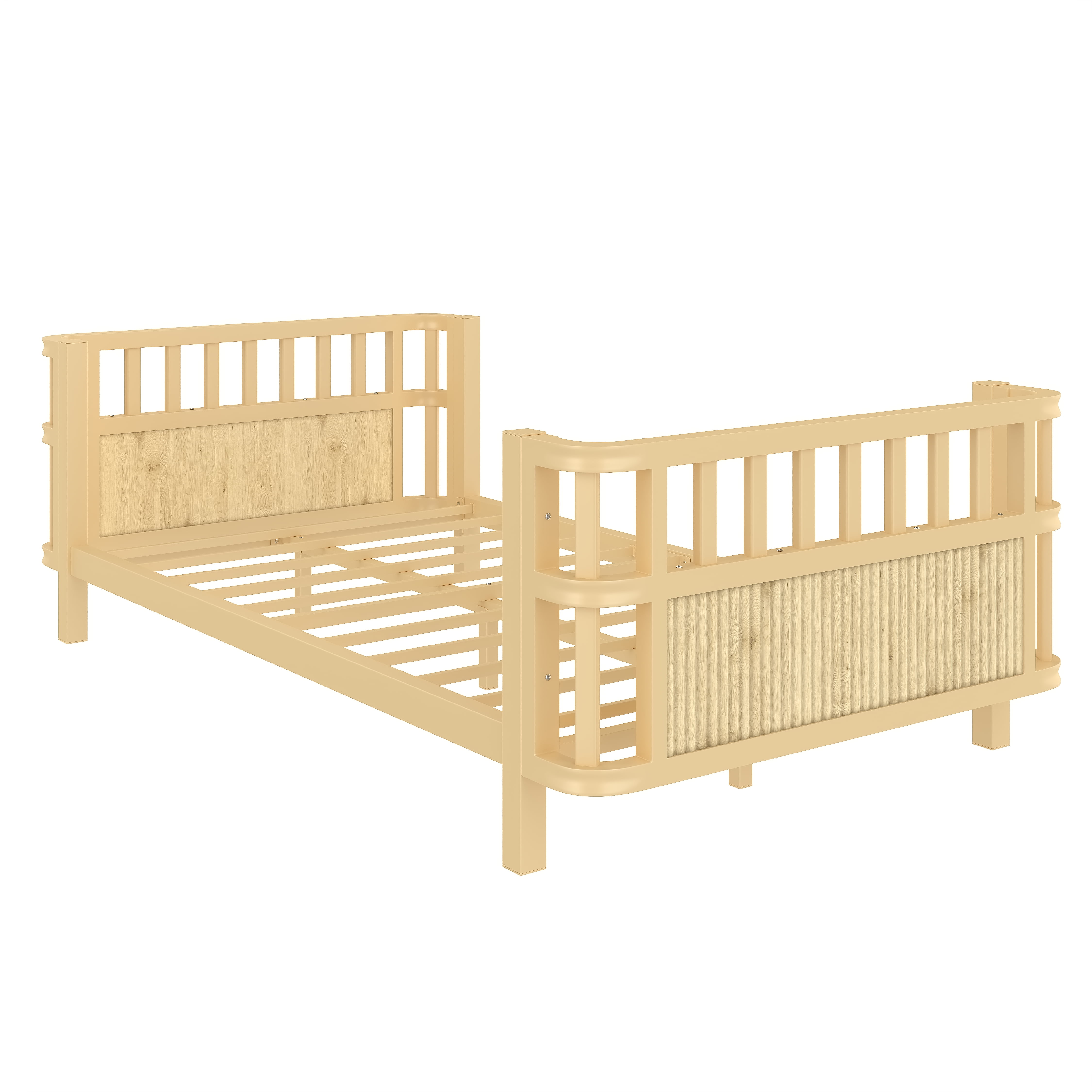 Miniyam Kids Twin Fence Bed with Safety Rails, Low Profile Platform Bed for Children, Sturdy Slatted Support, Natural
