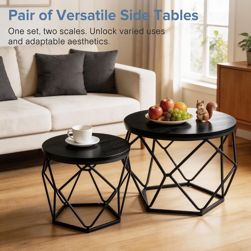 Simenmax 2-Piece Round Nesting Coffee Table Set with Hidden Storage, Modern Geometric Side Tables and Movable End Tables for Living Room, Black