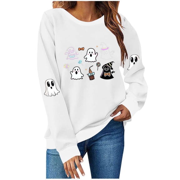 Riecok Plus Size Sweatshirts for Women Halloween Ghost Print Pullover Long Sleeve Spooky Season Crewneck Tops Holiday Fall Outfit
