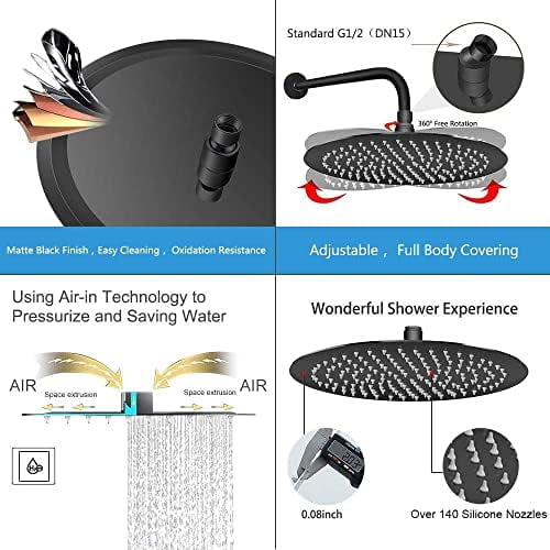 Rain Shower Head, Ultra-Thin Design-Pressure Boosting, Awesome Some Experience, High Flow Stainless Steel Rainfall Head (12 Inch, Matte Black)