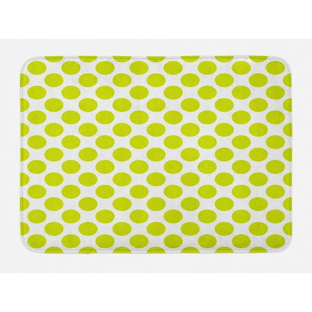 Lime Green Bath Mat, Nostalgic Polka Dots Style Large Circles Girlish