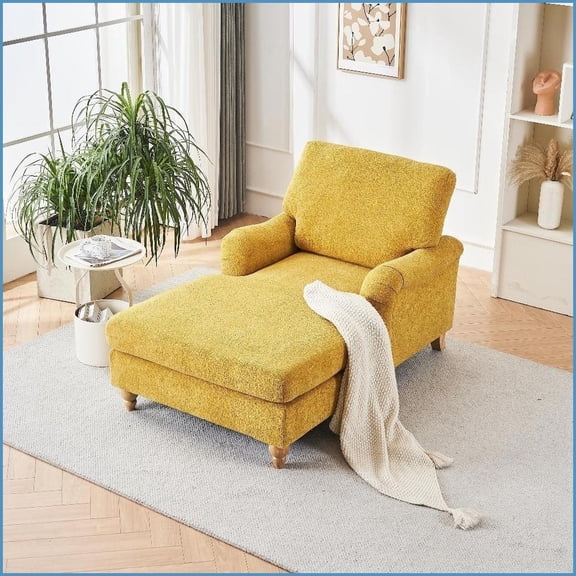 Modern Mid-Century Chenille Oversized Chaise Lounger Sofa with Solid Wood Legs – Perfect for Living Room & Bedroom