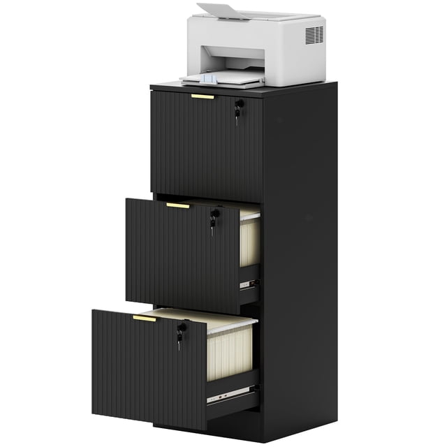 Lockable 3-Drawer Filing Cabinet with Fluted Fronts and Gold Pulls, Black MDF Mobile File Cabinet with Adjustable Rails for A4 Letter Files, Printer Stand for Home Office