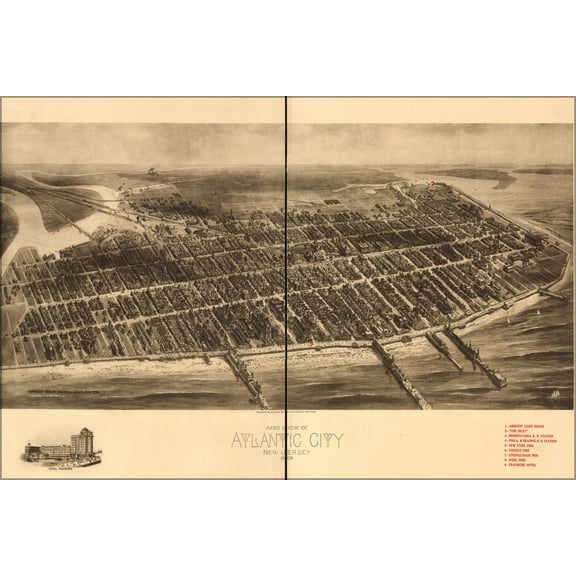 24"x36" Gallery Poster, Aero view map of Atlantic City, New Jersey 1909