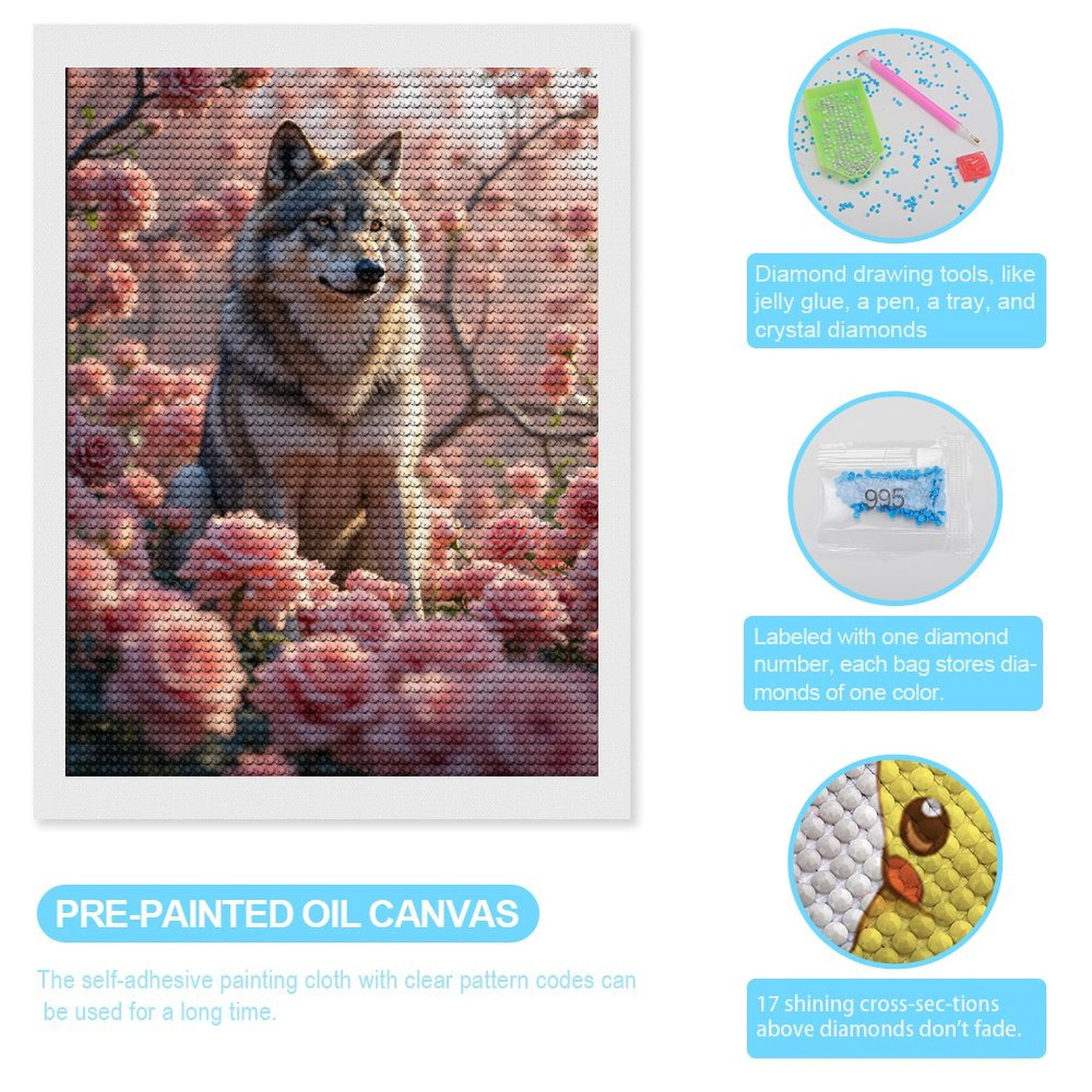Diamond Art Kits for Adults, Wolf Among Blooming Pink Roses 5D Diamond Painting Kits for Adults Beginners, DIY Full Drill Diamond Painting, Gem Art and Crafts 12x16