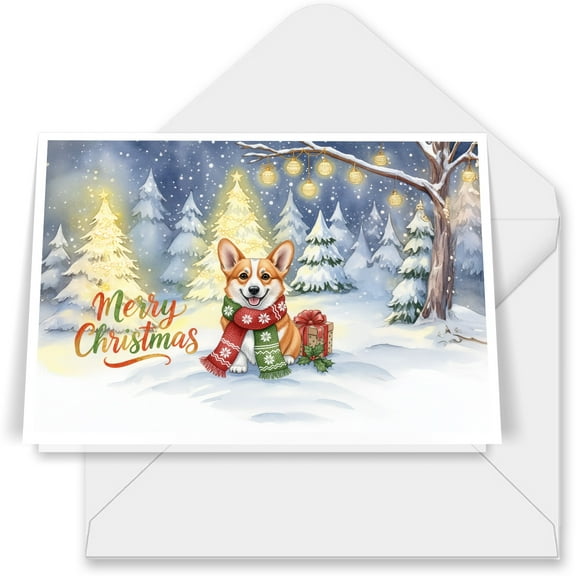 Merry Christmas Corgi Snowy Winter with Gifts Tree Decorations 7x5in Folded Greeting Card Welsh Corgi Dog Lover Gifts Idea Single Note Card with Envelope - 12020