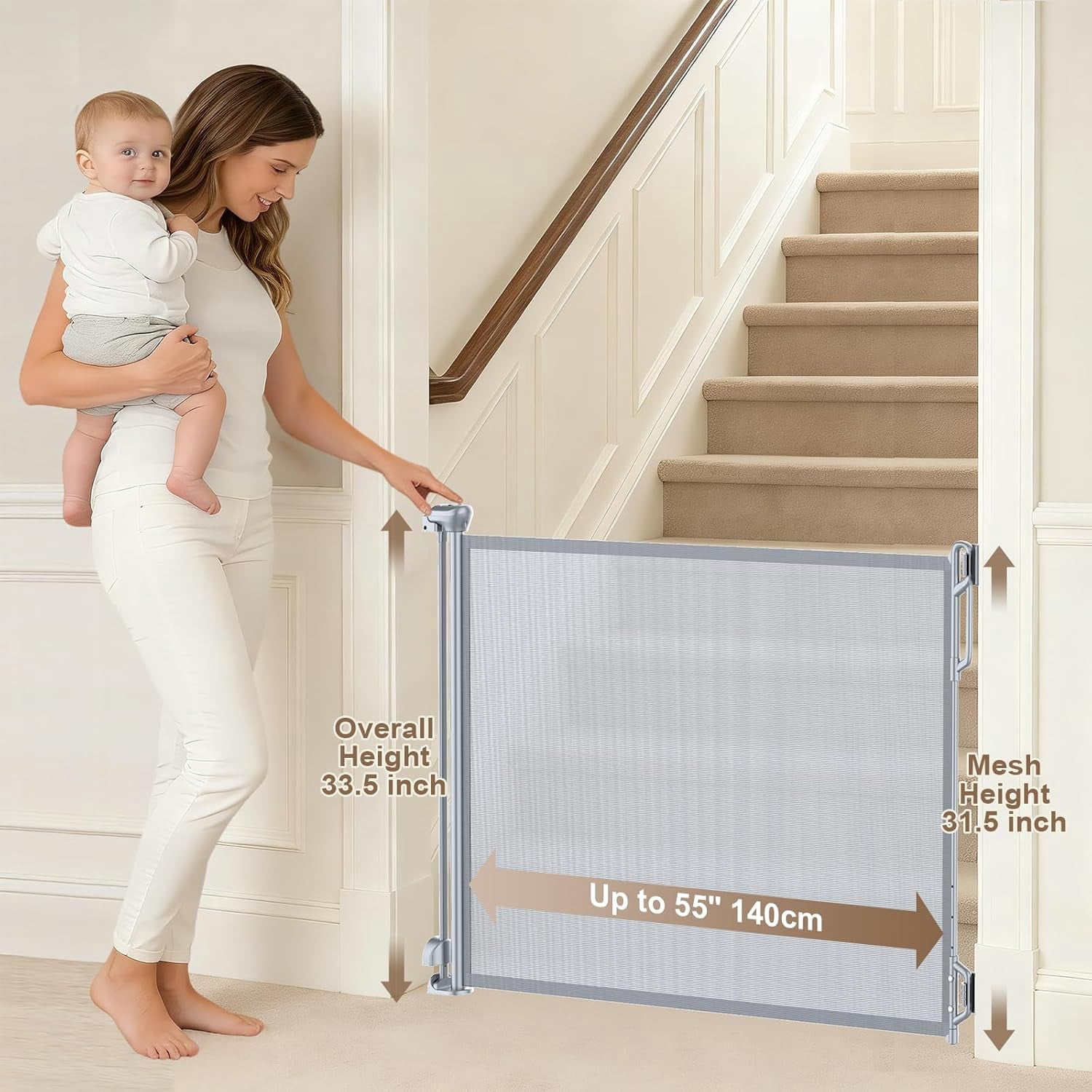 Retractable Safety Baby Gate or Mesh Dog Gate,Durable Portable Mesh Retractable Gate,Easy to Use for Stairs, Doorways, Hallways, Indoor, Outdoor, 33.5" Tall, Up to 45" Wide, Cream