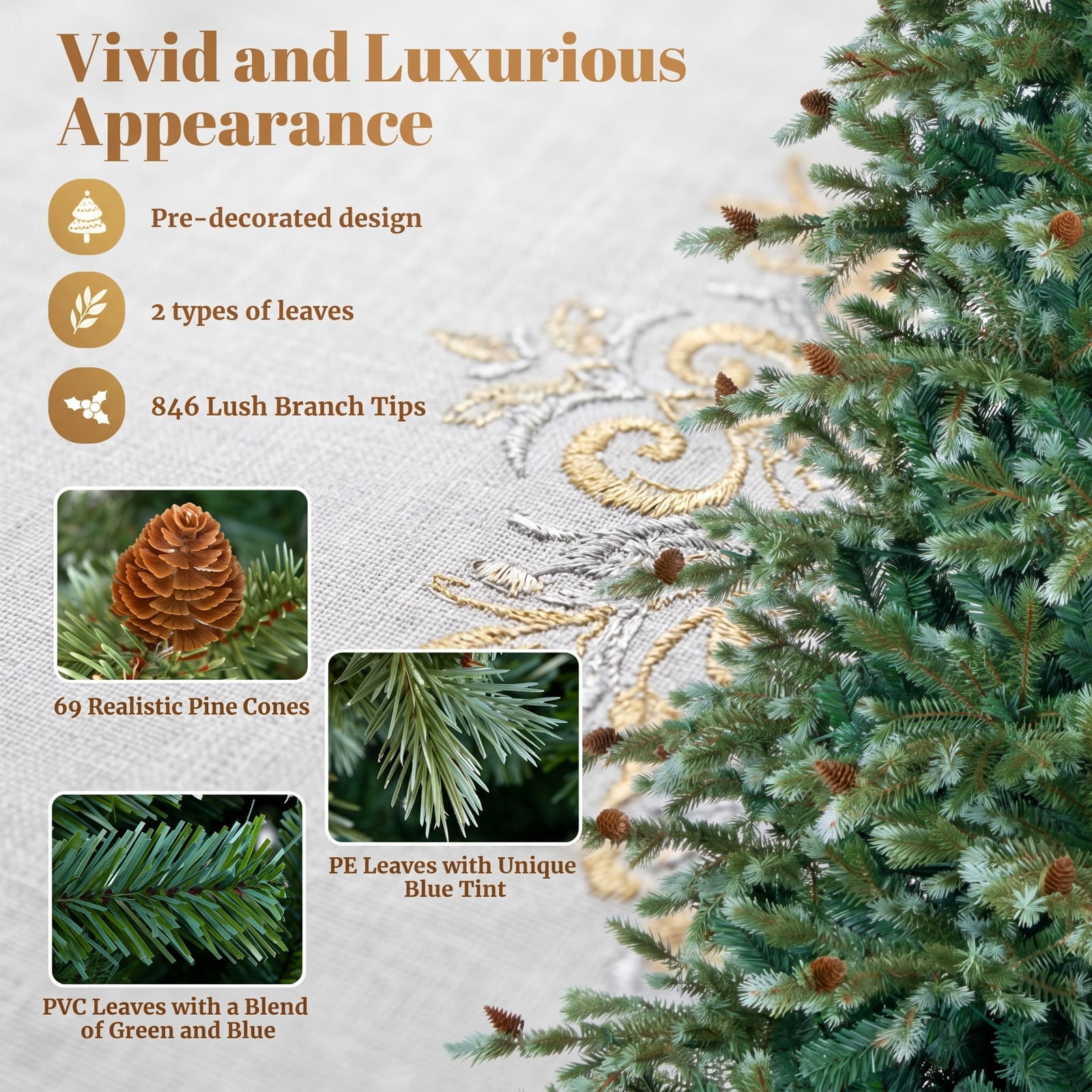 RUIE 7 FT Artificial Christmas Tree with 340 Warm White LED Lights and 69 Pine Cones, Pre-Lit Hinged Xmas Tree with Metal Stand for Home Office Holiday, Green