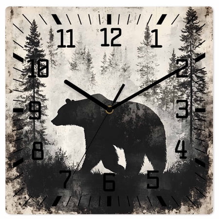 Brown Bear Wooden Wall Clock Silent Non Ticking, Retro Forest Nature Tree Silhouette Mountain Square Wall Clocks Battery Operated, Decor Clock for Home Office, Living Room, Kitchen, 12 Inch