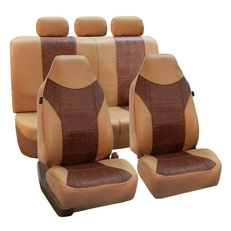 Side Split Full Leather FH Group Beige and Brown Textured Leather Seat Covers, Side Airbag Compatible, with Split Bench Function, Full Set. ()