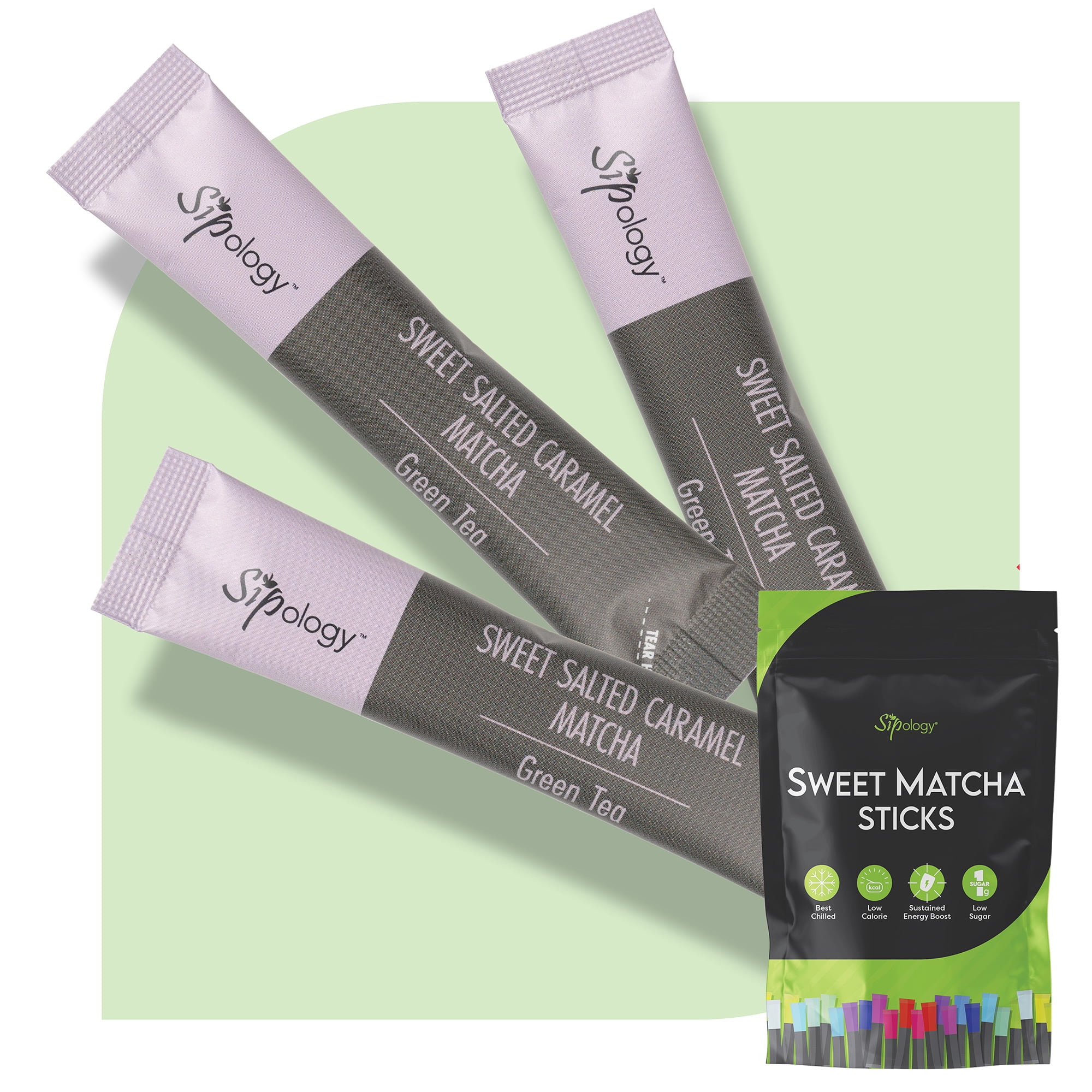 Sipology: Sweet Matcha - Salted Caramel - 10 Stick Pack, Powder Drink Mix, Hot Or Cold, Japanese Matcha, Low Sugar & Stevia Sweetened, Energy Boost
