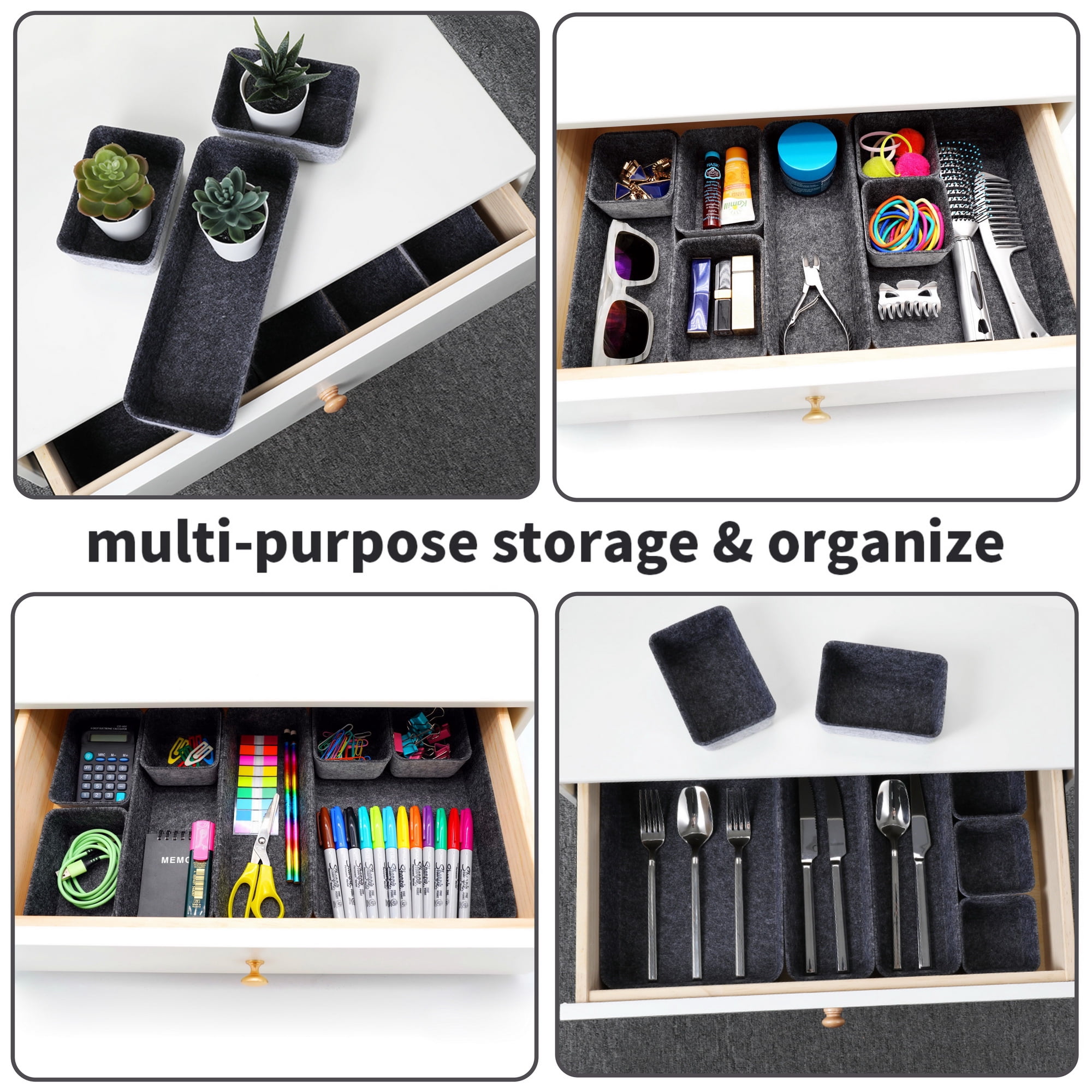 Welaxy desk drawer organizer tray shallow felt storage bin soft but sturdy sort for office suppliers makeup pen keys craft brush decluttering 8-piece sleek minimalist lifestyle (Charcoal)