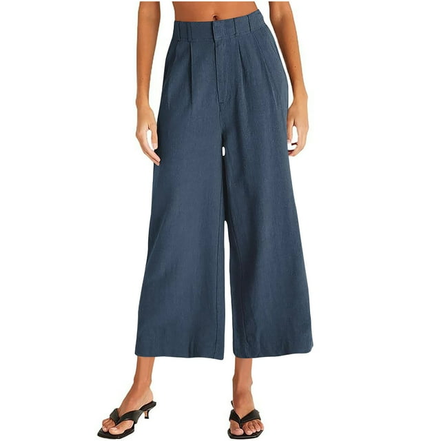 VEKDONE Womens Linen Long Pants Dark Blue M