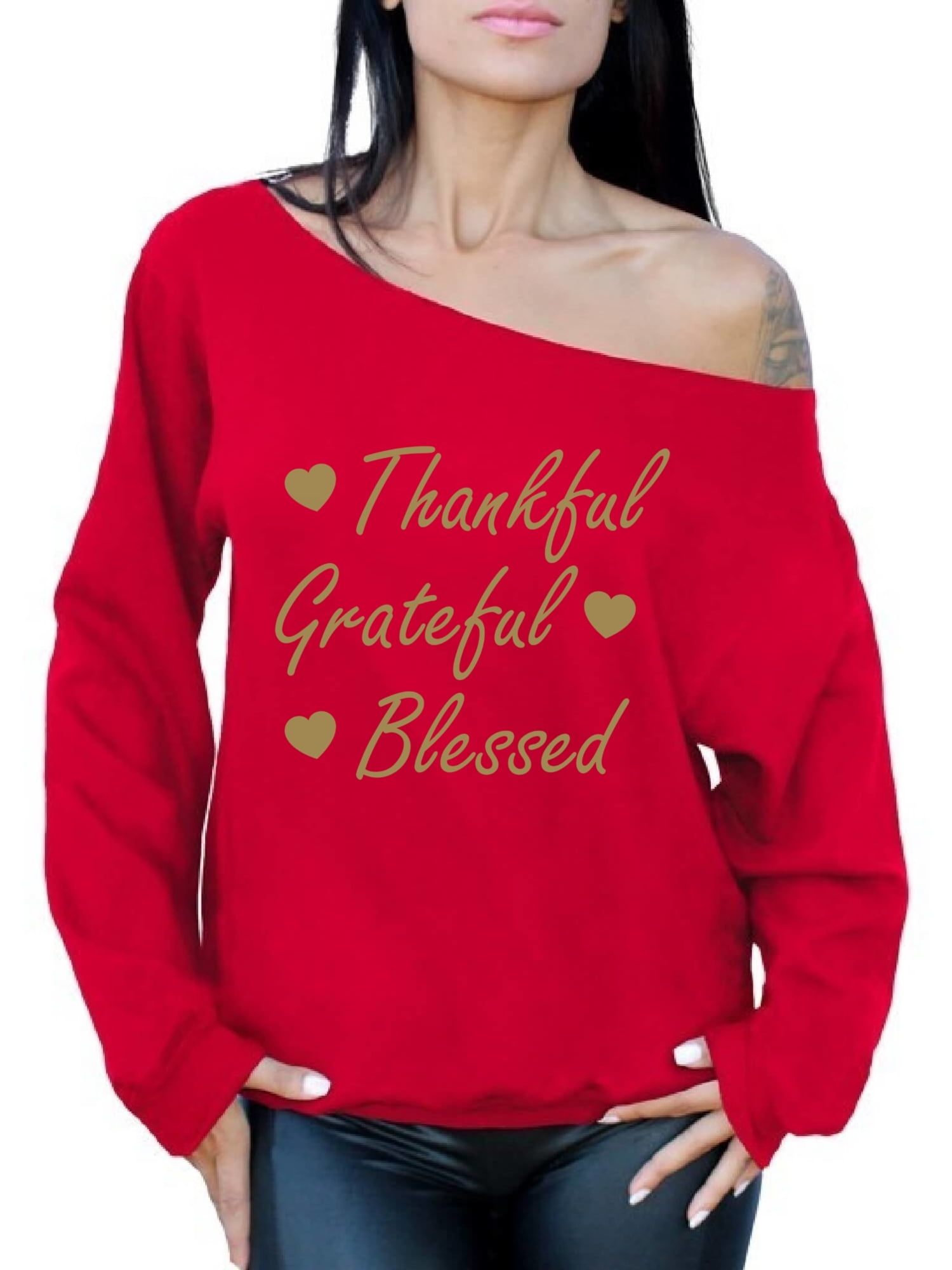 Awkwardstyles Thankful Grateful Blessed Slouchy Sweater Off The Shoulder Xmas 