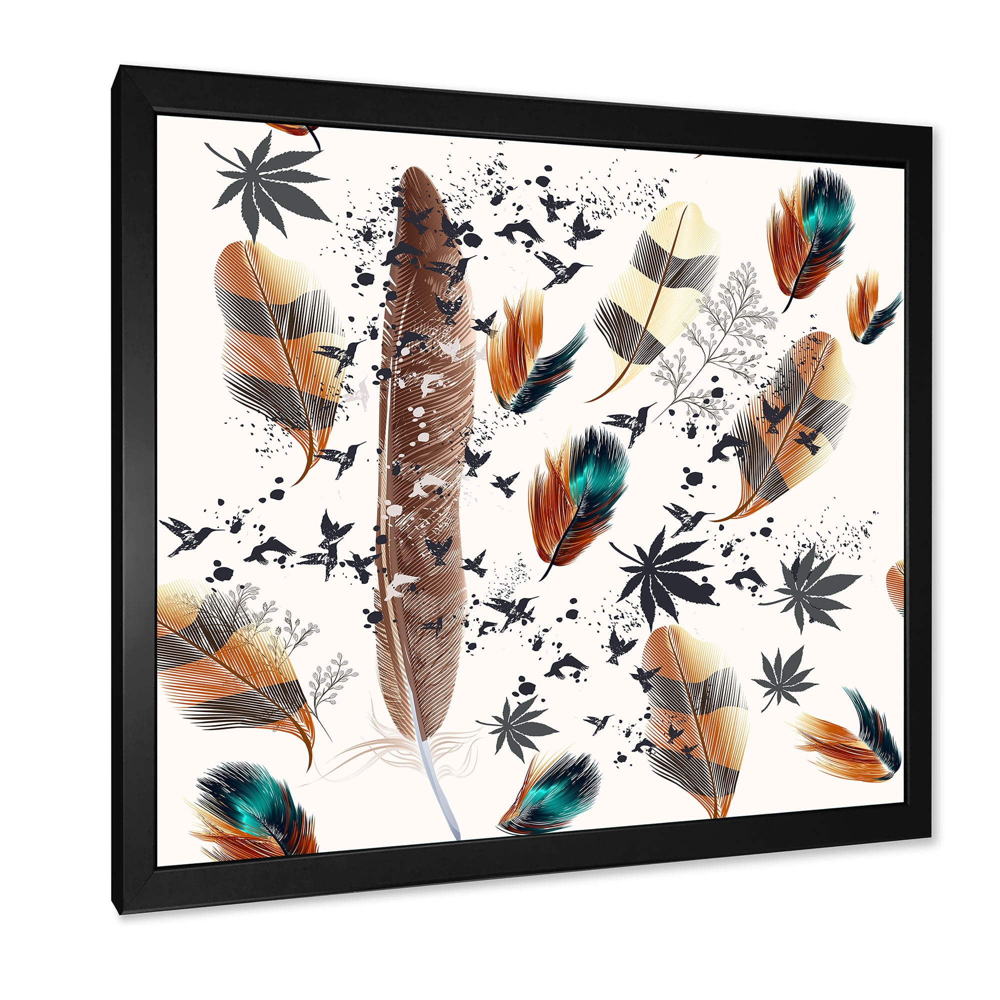 Designart 'Multicolored Feather Pattern With Floral' Bohemian & Eclectic Framed Art Print
