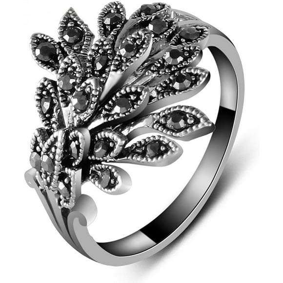 czcpp-Womens Antique Black Marcasite Rhinestone Crystal Vintage Leaves Statement Cocktail Rings