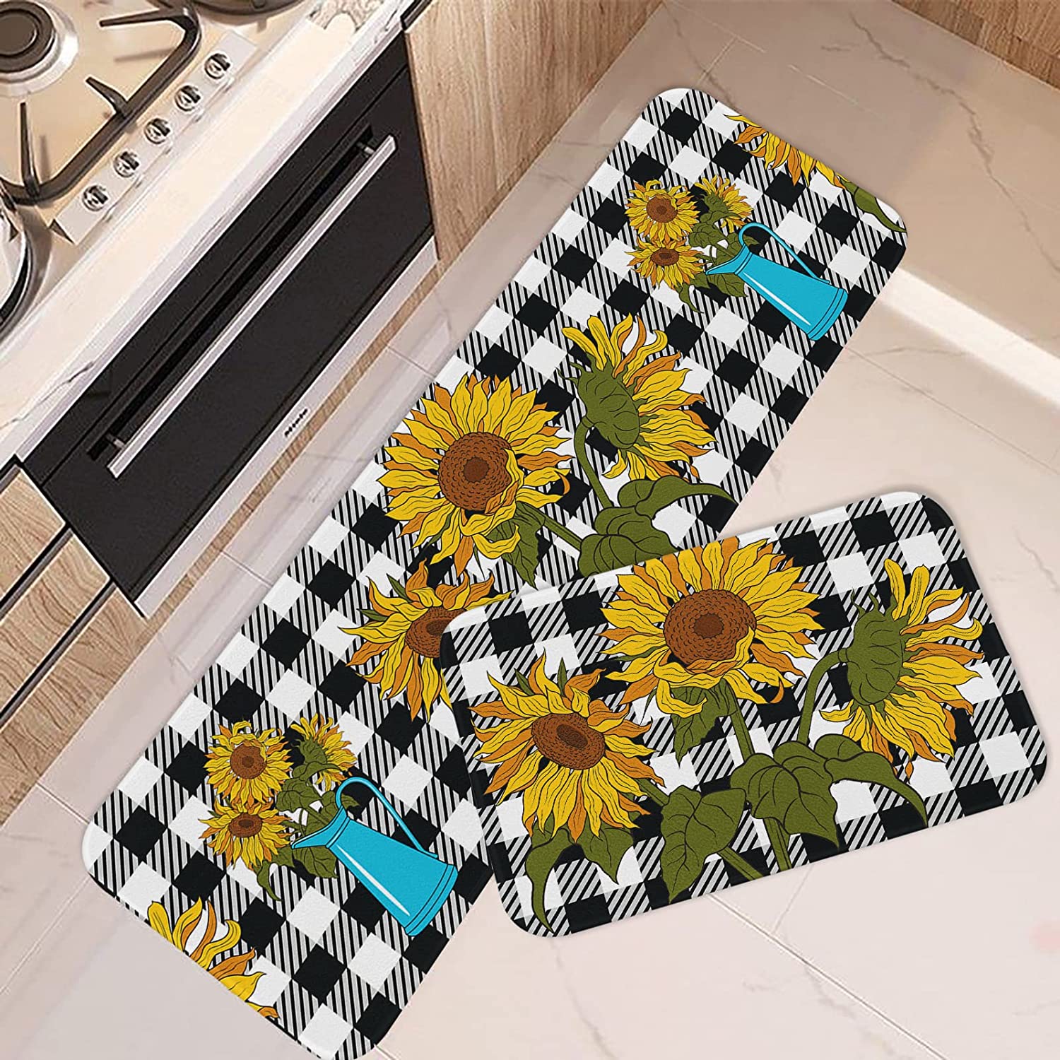 Sunflower Kitchen Rugs and Mats Non Skid Washable Set of 2, Black White