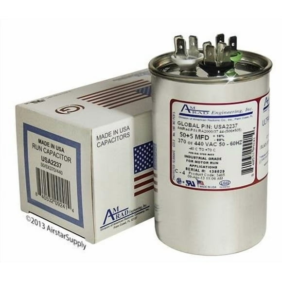 50 + 5 uf/Mfd Round Dual Universal Capacitor ⢠AmRad USA2237 - Used for 370 or 440 VAC, Made in The U.S.A.