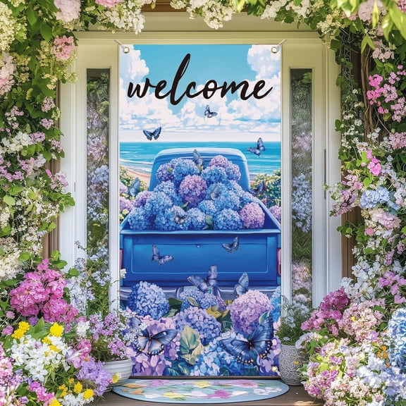 1 Pc Polyester Blue Hydrangea Truck Pattern Door Cover Welcome Theme Spring Flowers Backdrop Banner Decoration for Indoor Outdoor Porch Home Decor Supplies Colorful DIY