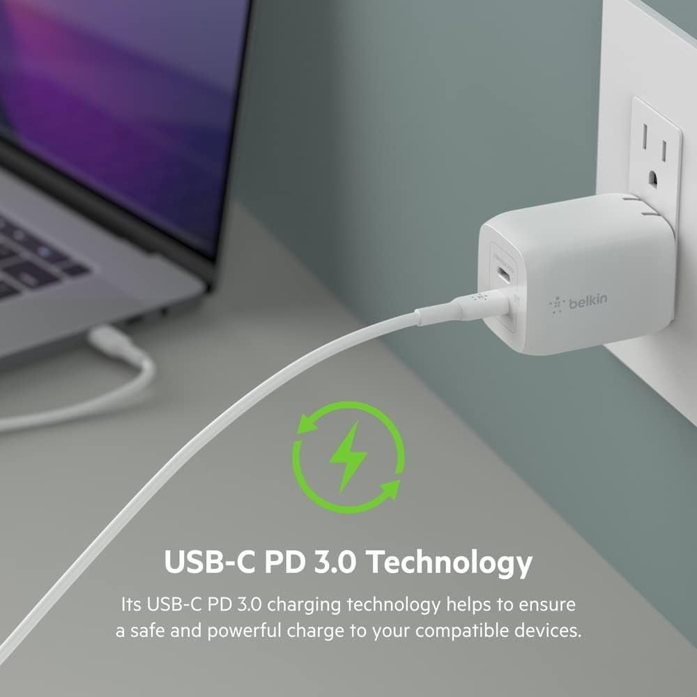 Belkin 65W Dual USB-C Wall Charger, Fast Charging Power Delivery 3.0 w/ GaN Technology for iPhone 16, 15, 14, 13, Pro, Pro Max, iPad, MacBook, Galaxy S25 Ultra, Nintendo Switch 2 & More - White