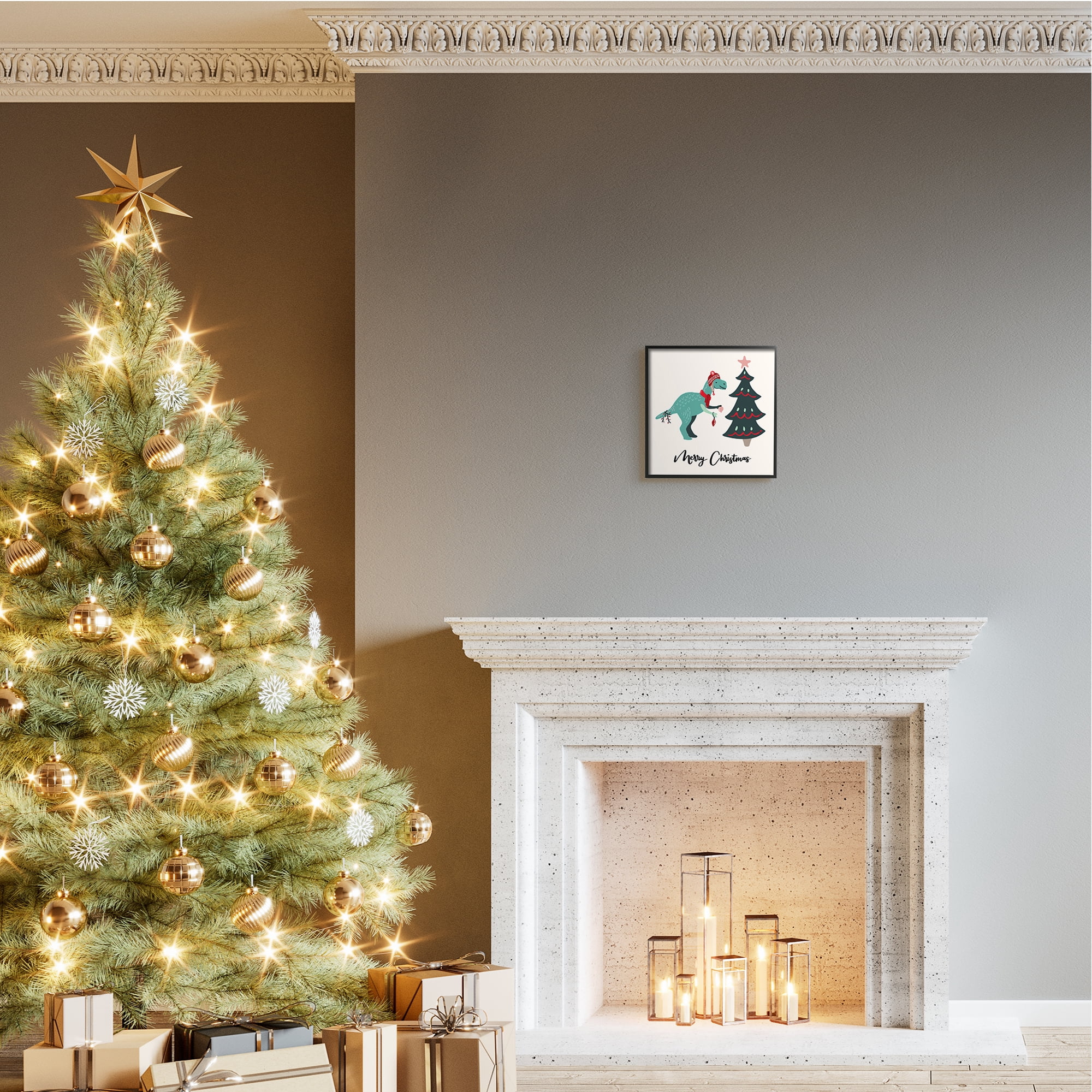 Stupell Industries Merry Christmas Dinosaur Tree T-Rex With Ornaments Abstract Painting Black Framed Art Print Wall Art, 12 x 12