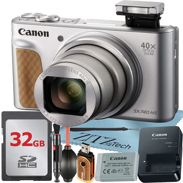 Canon PowerShot SX740 HS Digital Camera (Silver) with 40x Optical Zoom Lens + 32GB Memory Card + Cleaning Pen + ZeeTech Starter Bundle
