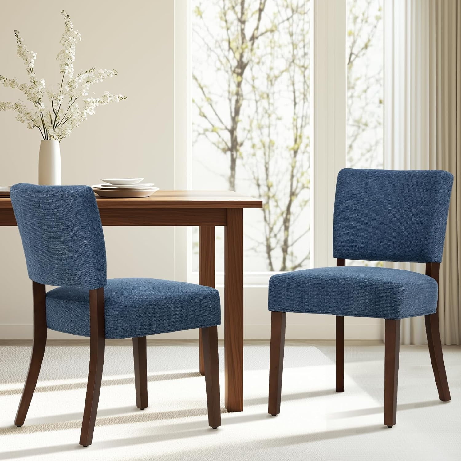 Mid Century Modern Dining Chairs Set of 4, Upholstered Kitchen Chairs with Back, Farmhouse Fabric Side Dining Room Chairs with Wood Legs for Dining Room Kitchen Restaurant, Blue