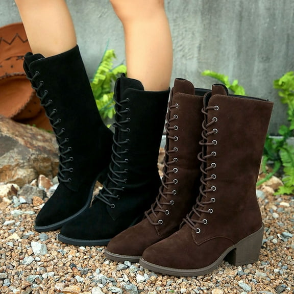 Miluxas Womens Fashion Pointed Toe Mid Chunky Heel Lace up Pure Color Mid Calf Casual Boots Coffee 9.5(43)