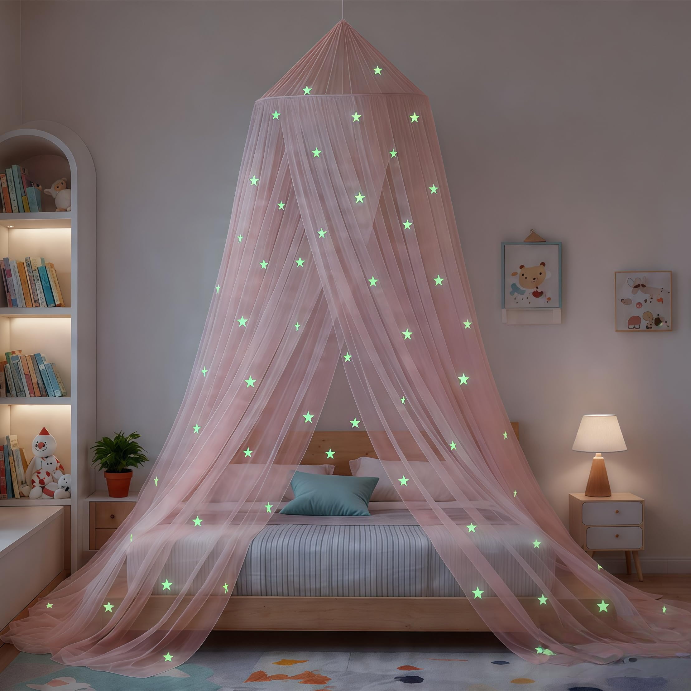 Girls Bed Canopy Mosquito Net Princess Canopy for Bedroom Decor Insect Protection Hanging Canopy Pink Glow in the Dark Stars