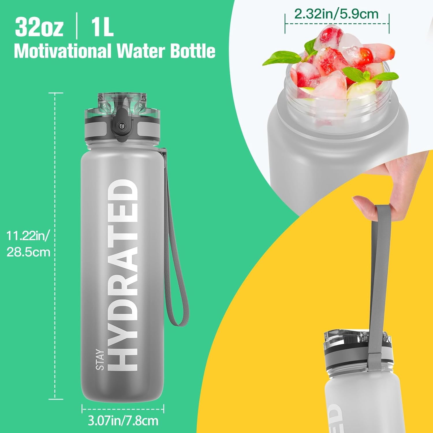 Water Bottle 32oz, Durable and Leakproof Water Bottles Motivational with Time Marker, Tritan, BPA Free, Wide Mouth with Easy Clean Brush for Gym, Travel, Home, School, Office (1 Bottle)