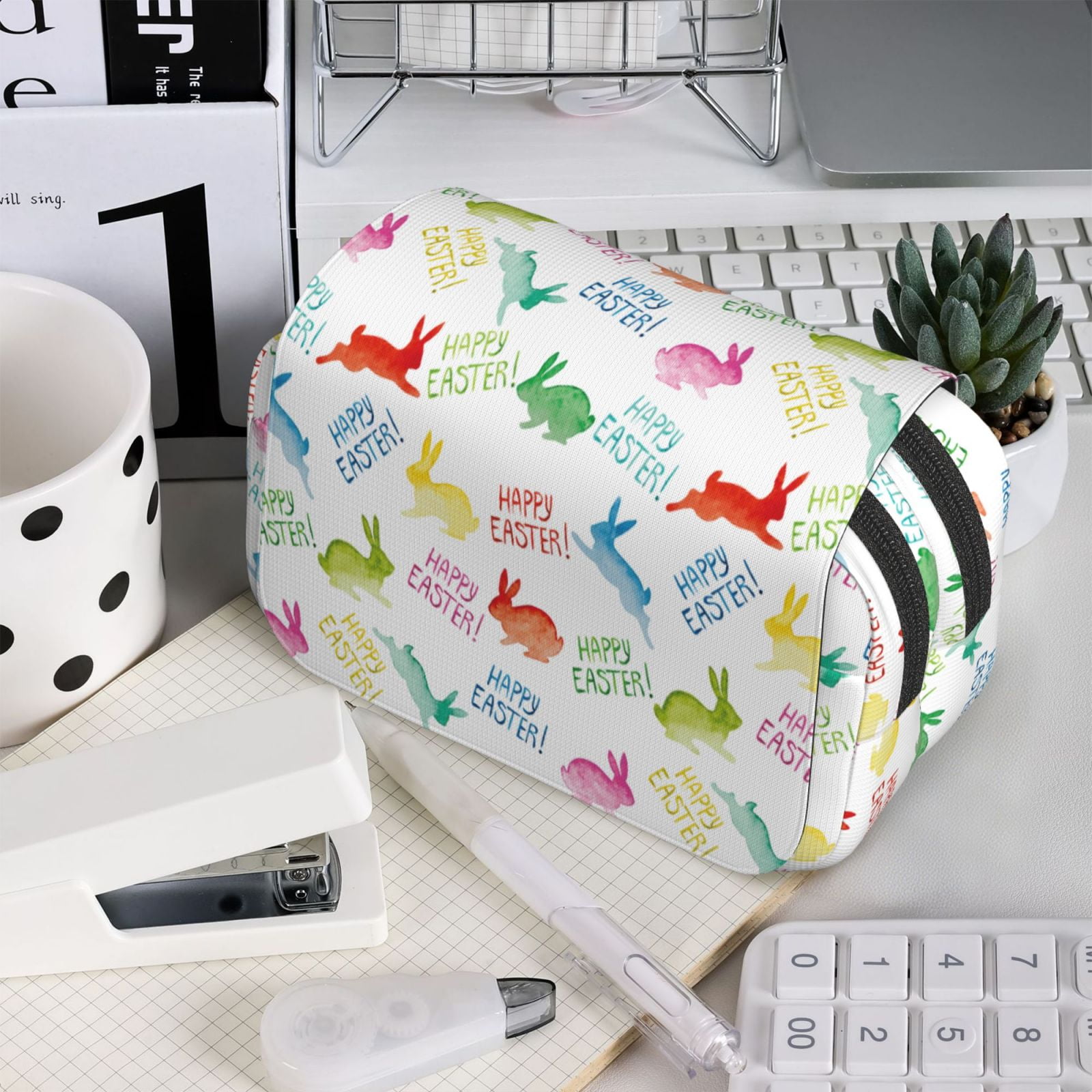 Rateoe Happy Easter Rabbit Pattern Double Clamshell Pen Case, Storage Organizer with Two Zipper Compartments– Holds Up to 50 Pencils & Pens