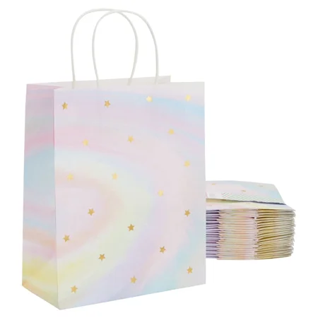 24 Pack Medium Pastel Tie Dye Paper Gift Bags w/ Handle for Birthday Party 10x8"