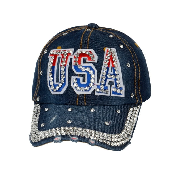 Womens USA Glitter Denim Adjustable Baseball Cap