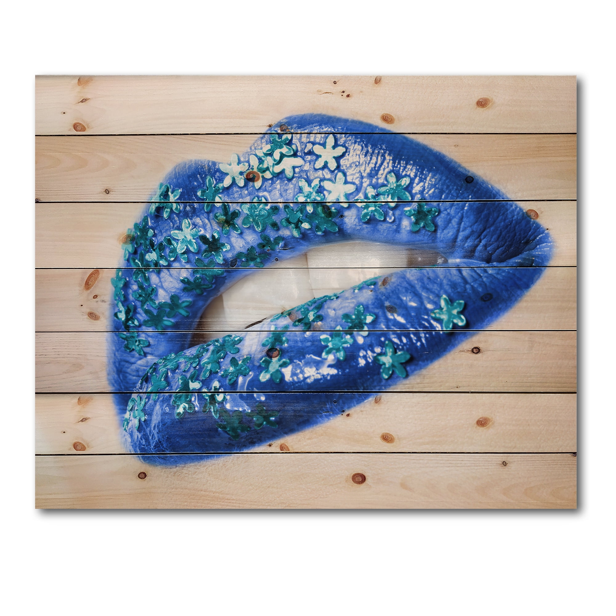 Designart 'Beautiful Woman Lips Blue With Flowers' Modern Print on Natural Pine Wood