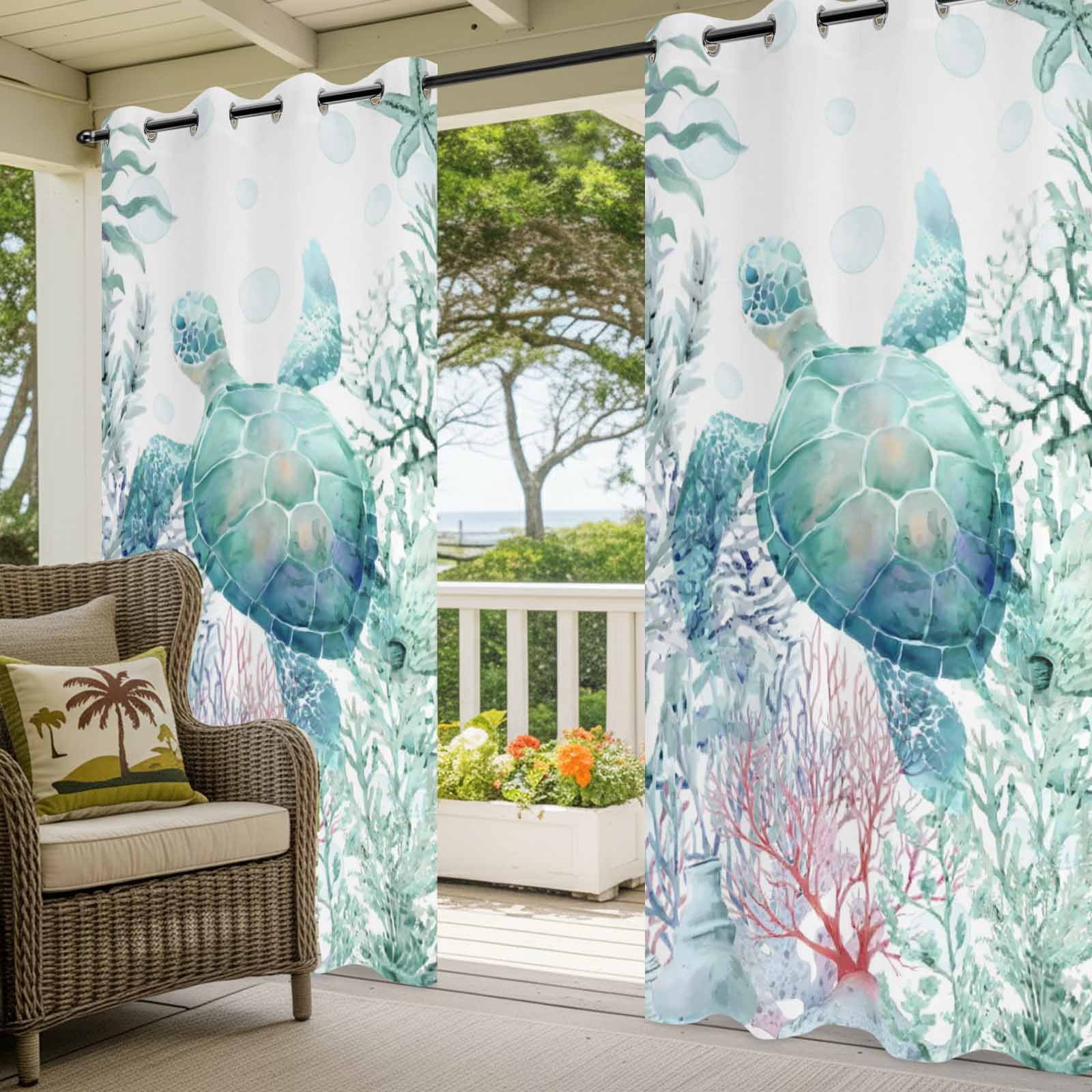 Oceans Animal Outdoor Curtains for Patio, Summer Green Sea Turtle Coral Seagrass Sunshade Privacy Drapes Grommet Waterproof Outside Curtains for Porch/Cabana/Balcony 54"x 108", 1 Panel