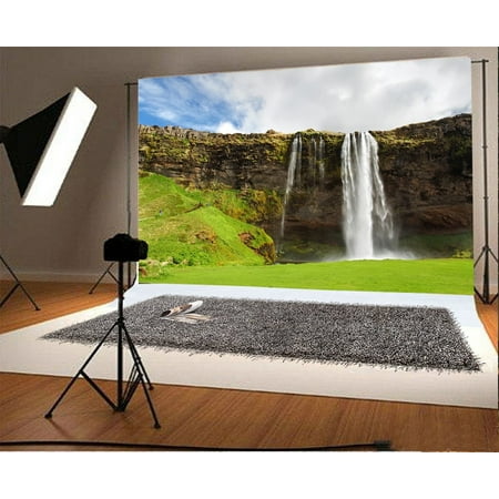 Image of MOHome 7x5ft Cascade Backdrop Waterfall Weathered Rock Stones Waterfall Green Grass Lawn Blue Sky White Cloud Nature Romantic Photography Background Kids Adults Photo Studio Props