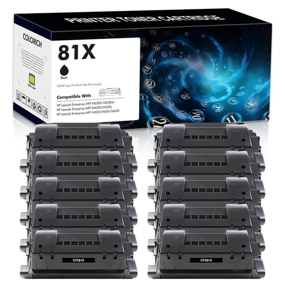 Colorich 10-Pack 25000 Pages 81X CF281X Toner Cartridge for 81A CF281A Enterprise MFP M605 M605n M605dn M606 M606n M630 M630h M630dn M632 Black Printer High Yield ink