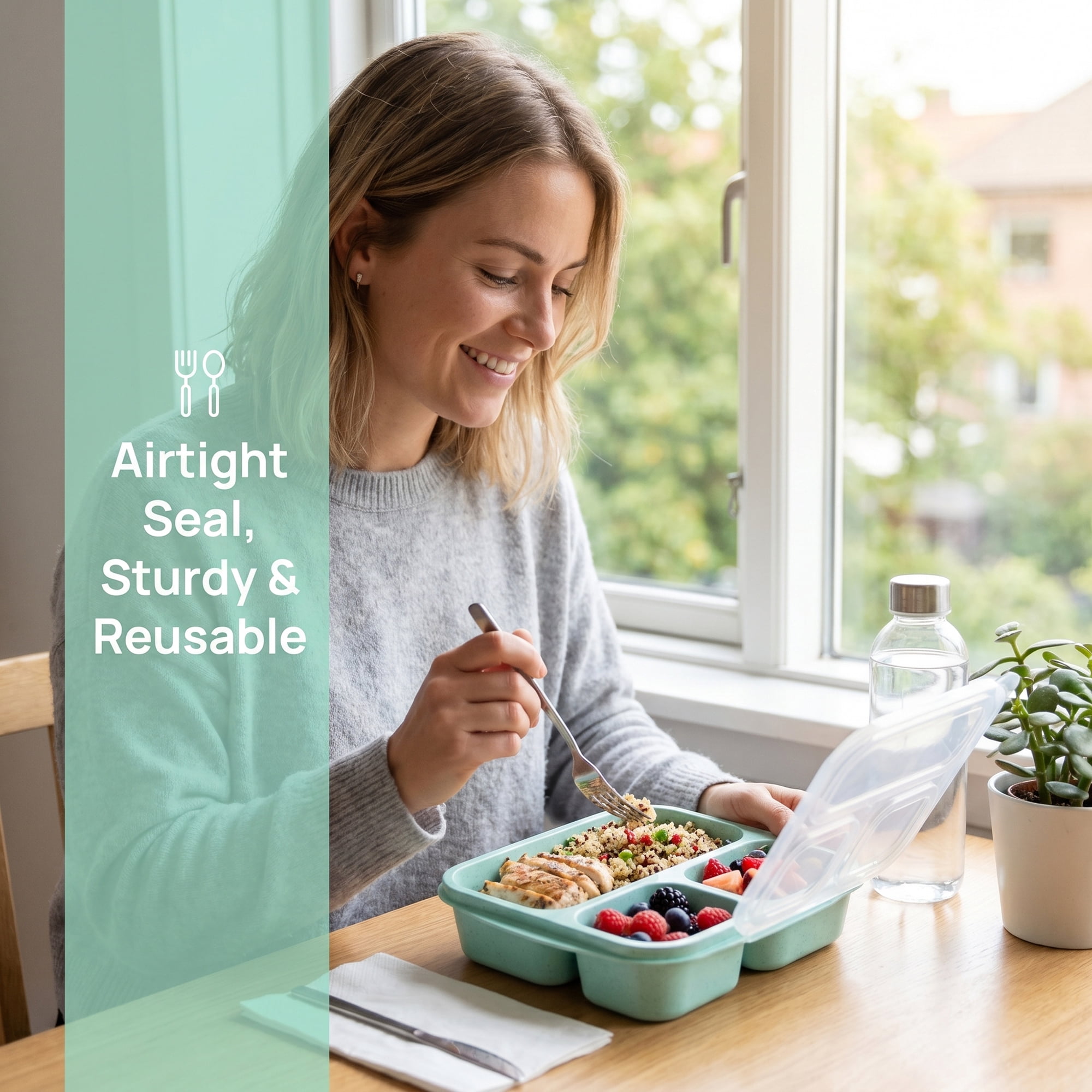 Unique Bargains Wheat Straw Leak-Proof Meal Lunch Bento Box for Work Travel Green